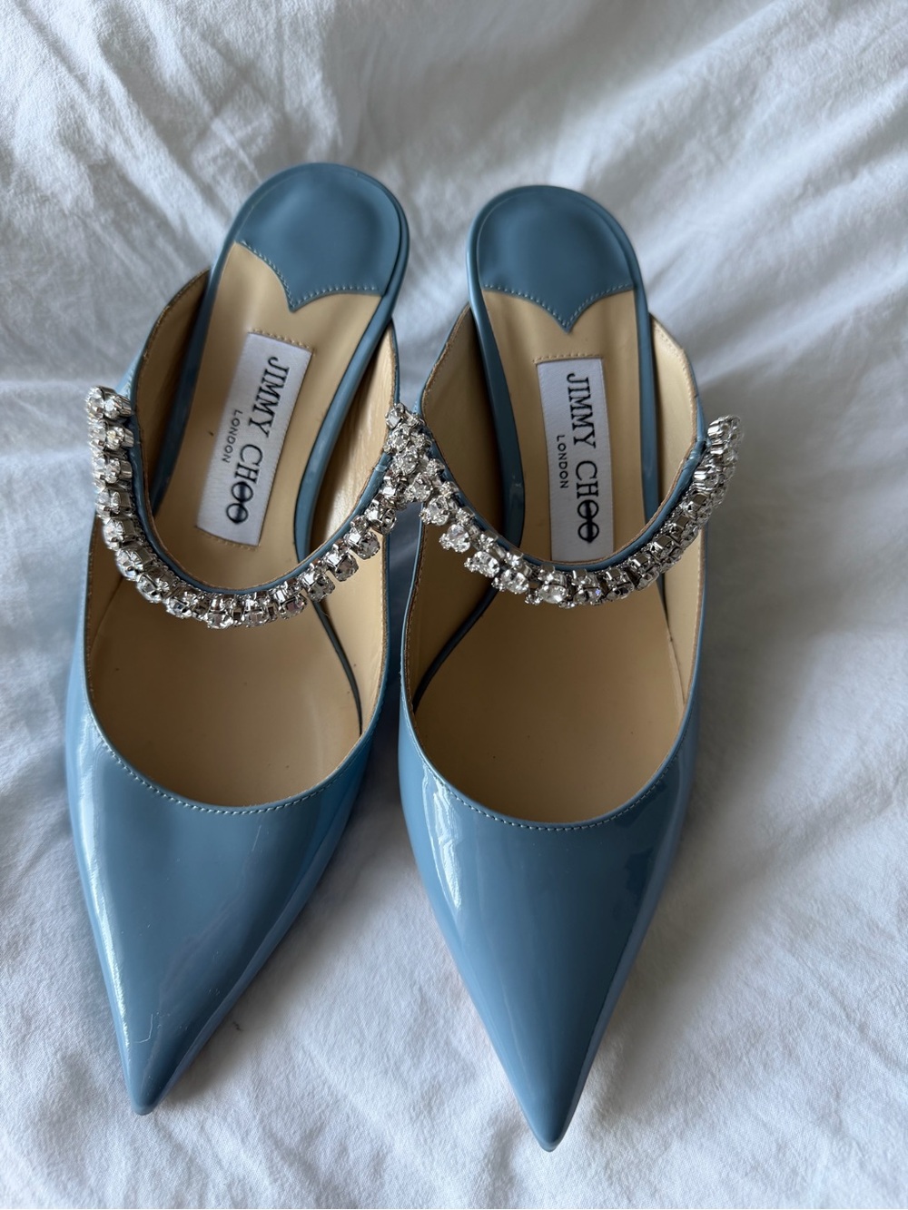 Jimmy Choo Light Blue Patent Pointed Crystal-Embellished Mules - Picture 2 of 3